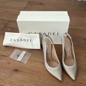CASADEI leather heeled pumps, size 39 (9), 4” heel, gold/pink/silver